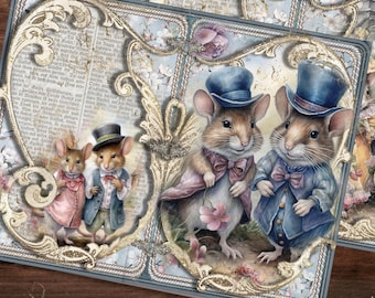 May include: Three pairs of mice dressed in vintage clothing. The mice are wearing hats, bow ties, and vests. The background is a vintage-style paper with a floral design.