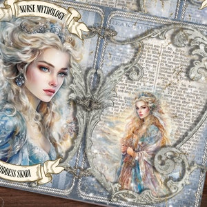 Op de afbeelding: Twee geïllustreerde kaarten met Noorse godinnen. De eerste kaart toont een vrouw met lang blond haar, die een kroon en een blauwe jurk draagt. De kaart is getiteld "Godin Skadi". De tweede kaart toont een vrouw met lang blond haar, die een blauwe jurk en een kroon draagt. De kaart is getiteld "Godin Morana".