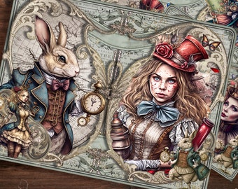Puede incluir: Una ilustración de estilo vintage con personajes de Alicia en el País de las Maravillas. El Conejo Blanco lleva una chaqueta azul y sostiene un reloj de bolsillo. Alicia sostiene una taza de té y un reloj de bolsillo. El fondo es un mapa con una mariposa.