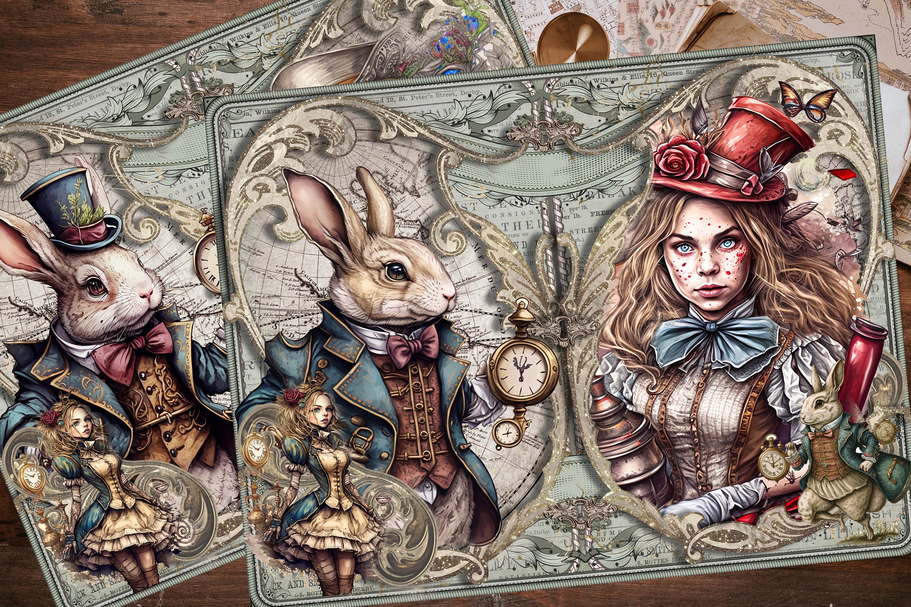 Steampunk Alice in Wonderland Junk Journal Pages, Junk Steampunk Alice in Wonderland Junk Journal Pages, Junk