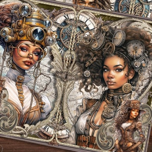 Pagine del diario spazzatura Steampunk afro, kit diario spazzatura Steampunk afroamericano, vintage, stampabile, carta, effimeri, download digitale