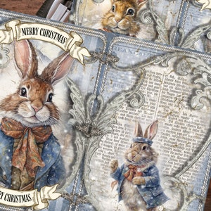Weihnachten Junk Journal Kit, Blaue Bunnies Winter Junk Journal Seiten, Vintage, Printable, Ephemera, digitaler Download