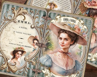 Op de afbeelding: Een vintage boekomslag met een gouden lijst en sierlijke details. De omslag toont een portret van een vrouw in een witte jurk en een strohoed. De titel van het boek is "EMMA: A NOVEL. IN THREE VOLUMES" door de auteur van "PRIDE AND PREJUDICE."
