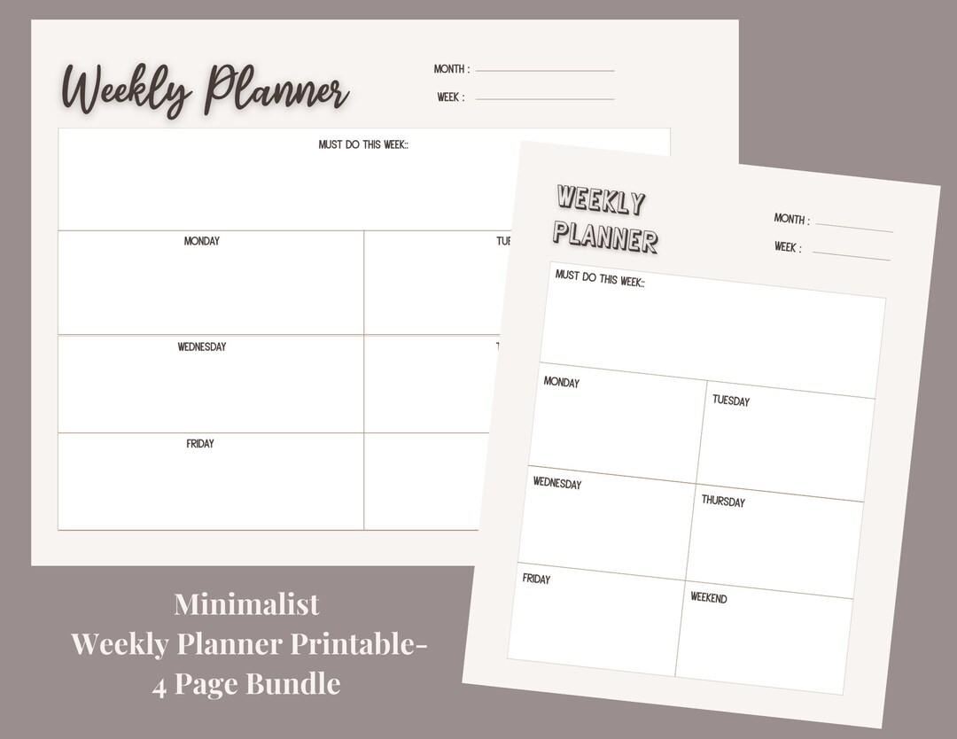 Minimalist Weekly Planner Printable- 4 Page Bundle, Portrait and ...