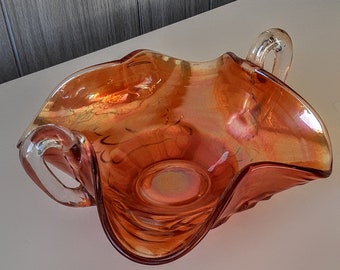 Vintage Marigold Peach Iridescent Ruffled Carnival Glass Bowl with Handles