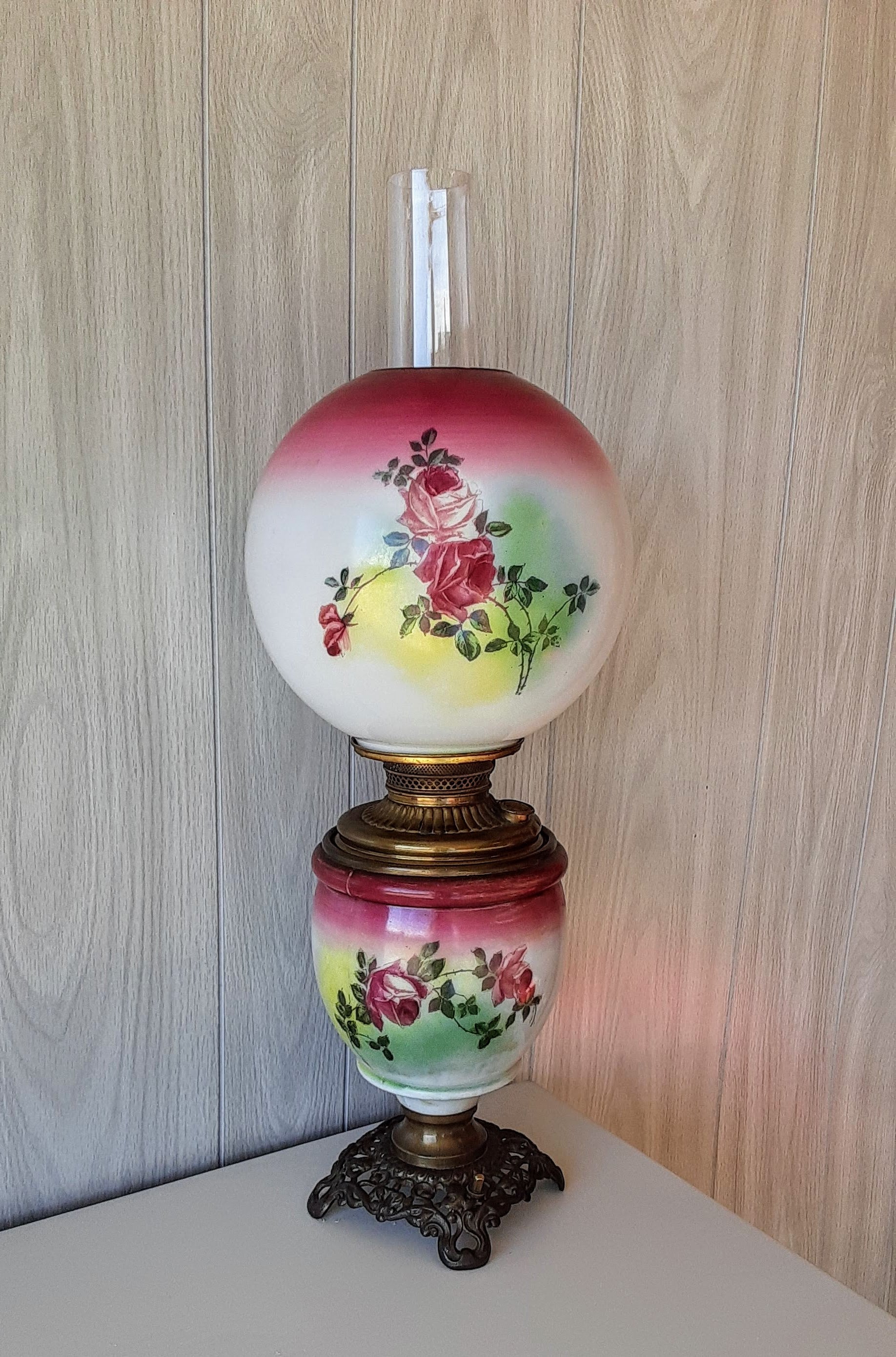 Vintage Hurricane GWTW Style Milk Glass Table Lamp Floral Roses - WORKS -  Waterfront Online