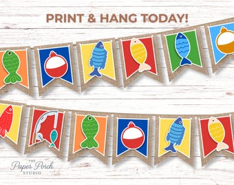 Fishing Birthday Banner Printable, Bright Gone Fishing Party Decor, Kids Fishing Theme Digital Download, Rustic Burlap Fish Bobber Banner