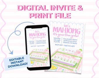 May include: Digital invitation and print file for a Mahjong game night. The design features a smartphone and a printed invitation with the text "Let's Mahjong, it's game time, girls!" in pink, along with event details.