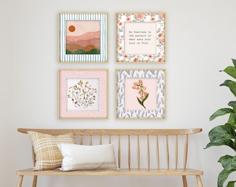 Boho Wall Art Bundle - Set of 4 Digital Prints | 8x8 & 12x12 sizes | Printable Matted Art | Floral Quote Abstract Landscape Download