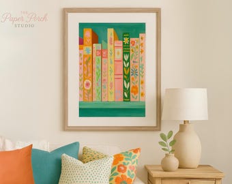 Floral Bookshelf Art Print, Colorful Botanical Book Spines Wall Art, Library Decor, Book Lover Gift, Vintage Style Digital Download