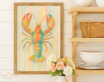 coastal wall art, lobster kitchen decor, nautical art, beach house printable, watercolor lobster, sea life decor, digital download print