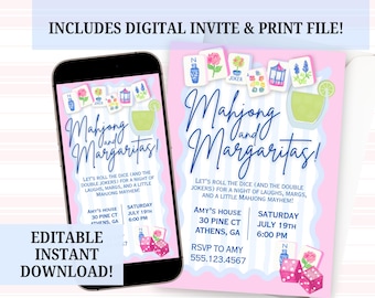 Editable Mahjong and Margaritas Party Invitation, Instant Download, Girls Game Night Digital Invite, Custom Canva Template