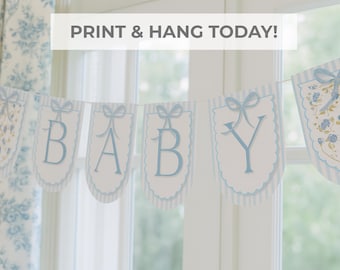Blue Floral Baby Shower Banner Printable, Vintage Grandmillennial Style DIY Decor, It's a boy party decorations, instant download