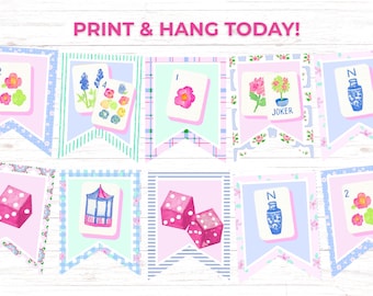 Printable Mahjong Party Banner, Retro Pink Floral Mahjong Garland, Vintage-inspired Mahjong Tiles Bunting, Instant Download, Mahjong Decor