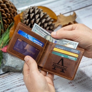 Portefeuille fait main, portefeuille en cuir pour homme, portefeuille de carte de crédit en cuir personnalisé, portefeuille à deux volets personnalisé, porte-cartes de visite, portefeuille cadeau papa