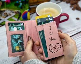 Pink Wallet, Cute Wallet, Minimalist Wallet, Leather Card Case, Popup Wallet, Engraved Wallet, Small Wallet, Card Holder Women, Gift for Her