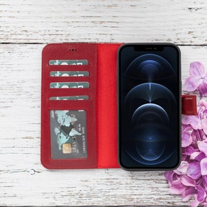 iPhone 14/Pro/Plus/Pro Max Red Leather Case, Apple Wallet Case, Magnetic Detachable Case, iPhone 14 Card Holder, Gift Case, Gift for Her