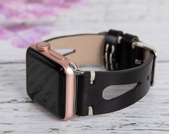 Correa de cuero negro para Apple Watch: correa de grano completo hecha a mano