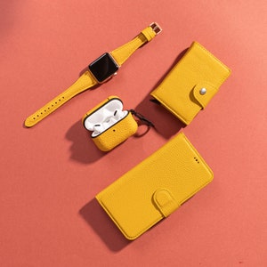 Yellow Apple Watch Band Bundle, iPhone Case, Leather Case, Card Holder, AirPods Case, Apple Watch Series Ultra 8 7 6 5, Girlfriend Gift