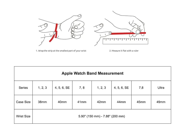 May include: A diagram showing how to measure your wrist for an Apple Watch band. The diagram shows a person wrapping a measuring tape around their wrist and then measuring the tape with a ruler. The table below shows the different Apple Watch series and their corresponding case sizes and wrist sizes. The wrist sizes are listed in inches and millimeters.