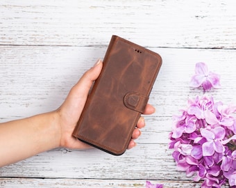 Personalized iPhone 13 Wallet Case, Full Grain Leather Magnetic Detachable Case with Card Holder, Gift for all Occasions