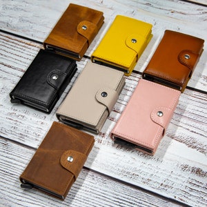 RFID Card Case, Leather Wallet, Pop up Wallet, Mechanism Wallet, Full Grain Leather ID Wallet, Business Card Holder, Credit Card Wallet Case