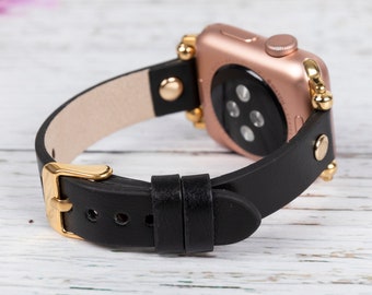 Slim Black Leather Apple Watch Band: 38-49mm, Personalizable