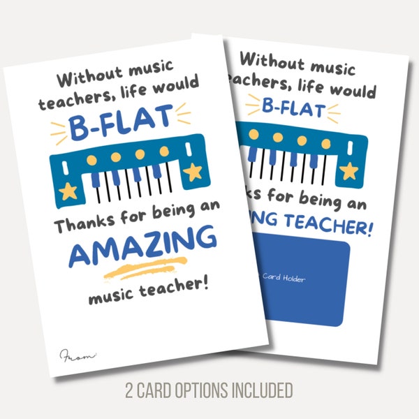 Muziekleraar bedankkaart, cadeaukaarthouder afdrukbaar, enkelzijdige kaart, digitale download