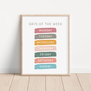 Tage der Woche Poster, Boho Klassenzimmer Homeschool Dekor, pädagogischer Druck, digitaler Download