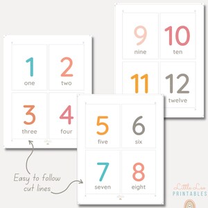 Peut inclure: Ensemble de cartes de nombres imprimables, affichant les chiffres de 1 &agrave; 12. Chaque carte pr&eacute;sente un chiffre et son nom &eacute;crit. Les cartes sont con&ccedil;ues avec des lignes de coupe pour une s&eacute;paration facile. Le logo Little Leo Printables est visible.