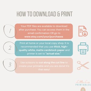 Peut inclure: Un guide imprimable beige avec des instructions sur la fa&ccedil;on de t&eacute;l&eacute;charger et d'imprimer des fichiers PDF. Le guide comprend des &eacute;tapes num&eacute;rot&eacute;es avec du texte, des ic&ocirc;nes de document, d'imprimante et de ciseaux. Le texte comprend l'adresse du site Web www.etsy.com/your/purchases.