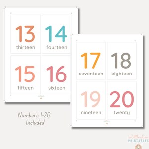 Peut inclure: Deux s&eacute;ries de cartes de nombres imprimables, avec les chiffres 13 &agrave; 20 dans diff&eacute;rentes couleurs. Chaque carte affiche un chiffre et son mot correspondant, comme "treize" et "quatorze". Le texte "Numbers 1-20 Included" est &eacute;galement pr&eacute;sent.