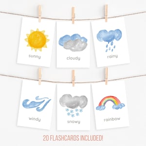 Weer Flashcards, Montessori Peutermaterialen, Aquarel Weerkaarten, Leer Weer Preschool Digitale Download