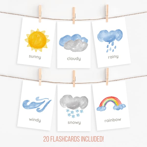 Weather Flashcards, Montessori Toddler Materials, Watercolor Weather Cards, Learn Weather Preschool Digital Download