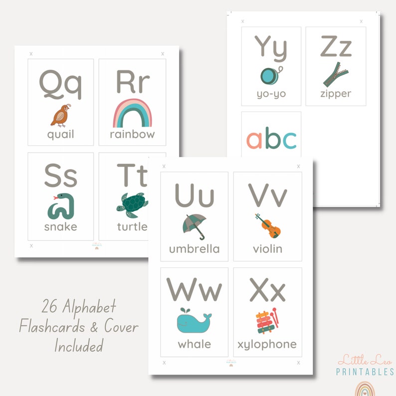May include: 26 alphabet flashcards with illustrations for each letter. The flashcards are printed on white cardstock with a grey border. The illustrations include a quail, rainbow, snake, turtle, umbrella, violin, whale, and xylophone.