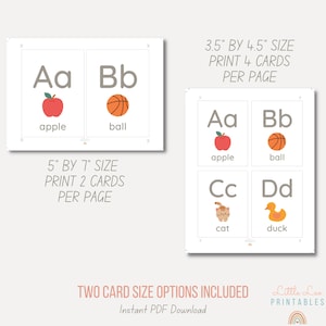 May include: Printable alphabet flash cards with illustrations. Two sizes are included: 3.5 inches by 4.5 inches and 5 inches by 7 inches. The cards feature the letters Aa, Bb, Cc, and Dd with corresponding images of an apple, basketball, cat, and duck.