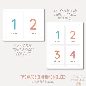 Peut inclure: Cartes imprimables blanches avec les chiffres 1, 2, 3 et 4 en bleu sarcelle, corail et rose. Les cartes sont disponibles en formats 8,9 cm x 11,4 cm et 12,7 cm x 17,8 cm. Le texte comprend "un", "deux", "trois" et "quatre". Le texte "DEUX OPTIONS DE TAILLE DE CARTE INCLUSES" est &eacute;galement pr&eacute;sent.