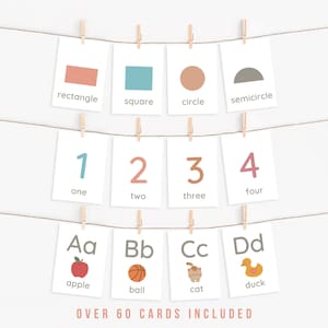 Set di carte numeri, forme e ABC, flashcard A-Z, flashcard numeri 1-20 e forme, pacchetto Boho, download digitale