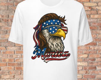 Aigle patriotique cool avec lunettes de soleil, T-shirt unisexe 4 juillet Merica, T-shirt 4 juillet, étoiles et rayures