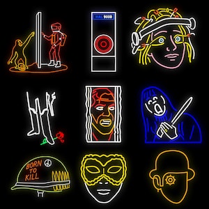 May include: A collection of neon art illustrations on a black background. The images include a scene with a spaceman and ape, a HAL 9000 computer, a person with wires on their head, a person behind bars, a person screaming, a person holding a knife, a helmet with "BORN TO KILL" text, a mask, and a person with a mechanical eye.