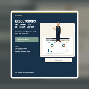 May include: A dark blue digital product interface titled EXECUTOROPS THE CALM ESTATE SETTLEMENT SYSTEM. It features a 20 connected sheets live dashboard, a list of tracking categories, and a small character figure above a data visualization chart.