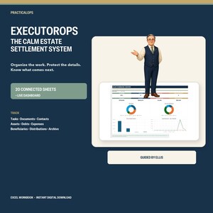 May include: A digital product advertisement for EXECUTOROPS, the calm estate settlement system. It features a cartoon man in a vest and tie standing above a dashboard with charts, graphs, and 20 connected sheets. Text includes "Guided by Ellis" and "Excel workbook, instant digital download."
