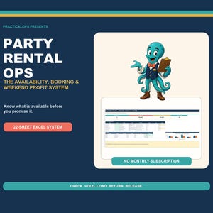 May include: A digital marketing graphic for Party Rental Ops featuring a cartoon octopus in a vest and bowtie holding a clipboard. The text includes Practicalops Presents, Party Rental Ops, The Availability, Booking & Weekend Profit System, 22-Sheet Excel System, No Monthly Subscription, and Check. Hold. Load. Return. Release.