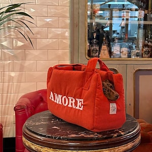 sac, porte-bébé, petit chien, tissu coton, beige et blanc, confortable, lavable, fait main, pour voyage, vie urbaine, mathias