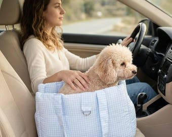 Hundetragetasche blau Vichy | Babyblaue Hundetragetasche mit Vichy-Karo | Haustiertragetasche | Reisetasche für kleine Hunde | Handgefertigte Haustiertragetasche aus Italien