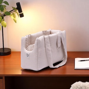 sac, porte-bébé, chien de petite/moyenne taille, coton rayé urbain, beige et blanc, confortable, lavable, fait main, pour les voyages, la vie urbaine