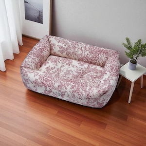 soffa, lyxig hundbädd, Panama bomullstyg, Toile de Jouy-tryck, röd, tvättbar, handgjord, urban livsstil, Italienskt handgjord, kompakt