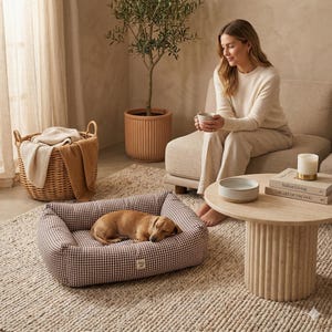 Può includere: Un letto per cani a quadretti marrone e bianco con un bassotto che dorme. Il letto è rettangolare e si trova su un tappeto. Una donna è seduta su un divano beige sullo sfondo, con una tazza in mano.