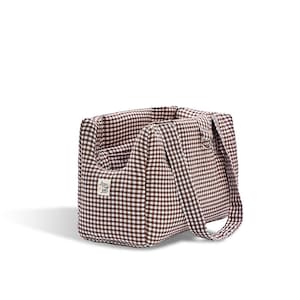 sac, porte-bébé, chien de petite/moyenne taille, tissu coton Vichy, marron et blanc, confortable, lavable, fait main, voyage, vie urbaine