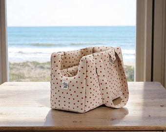 Tasche, Tragetasche, für kleine bis mittelgroße Hunde, Panama-Baumwolle, Little Love Heart Red, bequem, waschbar, handgefertigt, ideal für Reisen und den Alltag in der Stadt